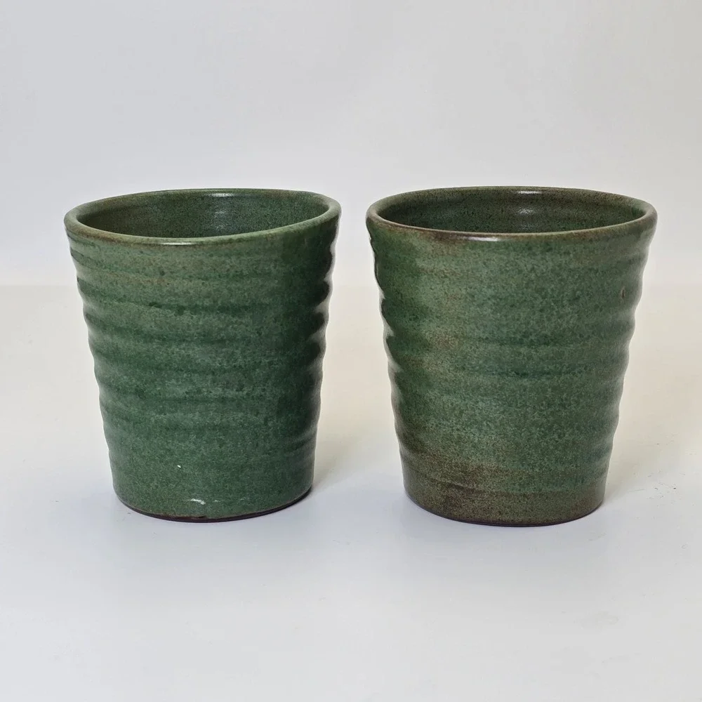 Rackliffe Pottery Blue Hill Maine Green Studio Pottery Mug Pair Signed - Picture 7 of 13